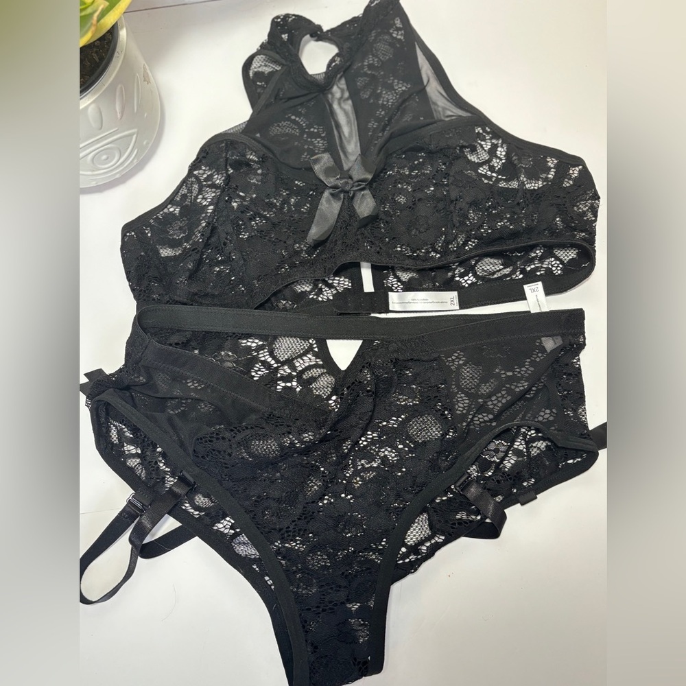 Black floral mesh lace Bra & Panty set moc turtleneck Lingerie Sexy Goth SZ 2X - Picture 3 of 4